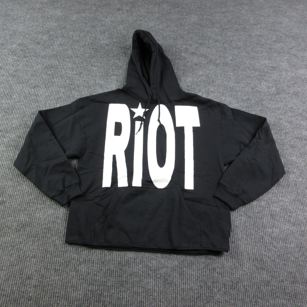 Riot Hoodie Mens L Black Pullover Hooded Drawstring Pockets Graphic Print NWOT